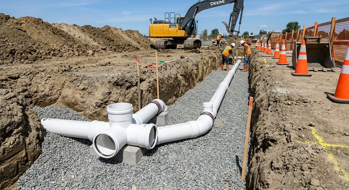 New PVC sewer pipe installation in open trench for Sewer Backup in Barton