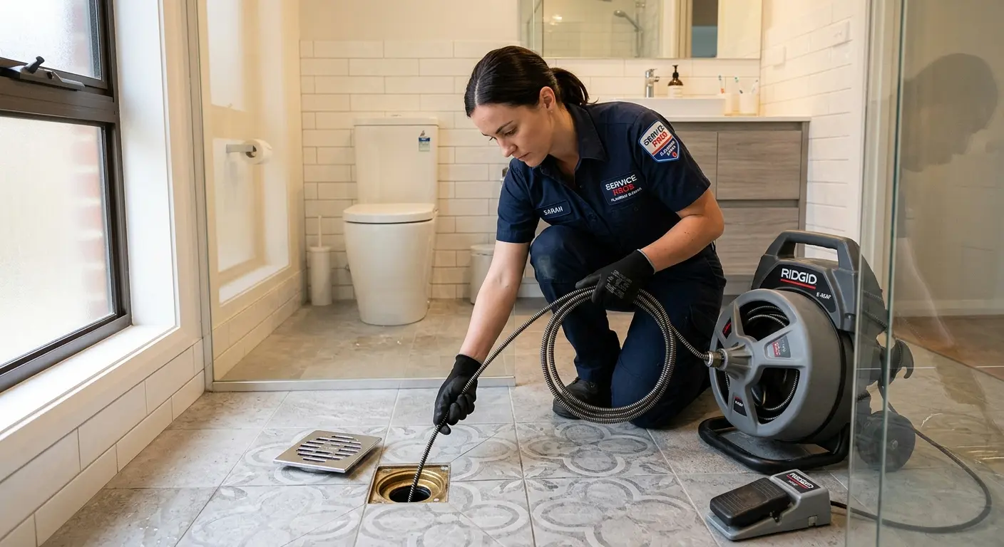 Technician clearing a bathroom floor drain for Drain Cleaning in Barton